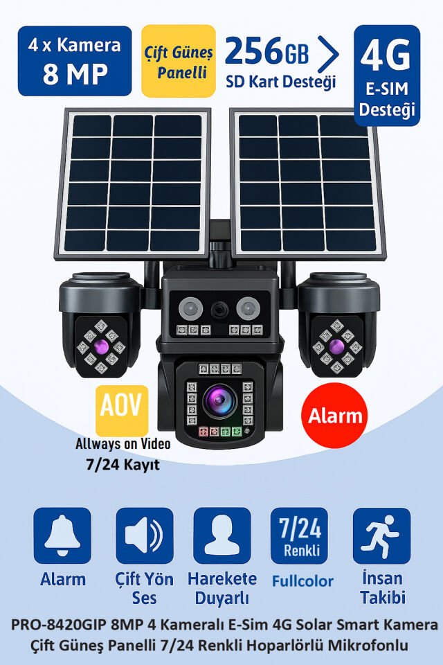 BALANDI PRO-8420GIP 8MP 4 KAMERALI 4G AOV E-SİM SOLAR KAMERA (HIEASY)