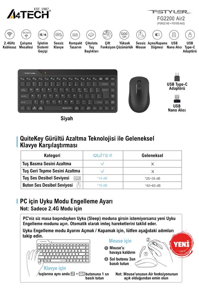 A4 TECH FG2200 AIR2 2.4 SİYAH QMİNİ FN-MM KABLOSUZ SESSİZ SET