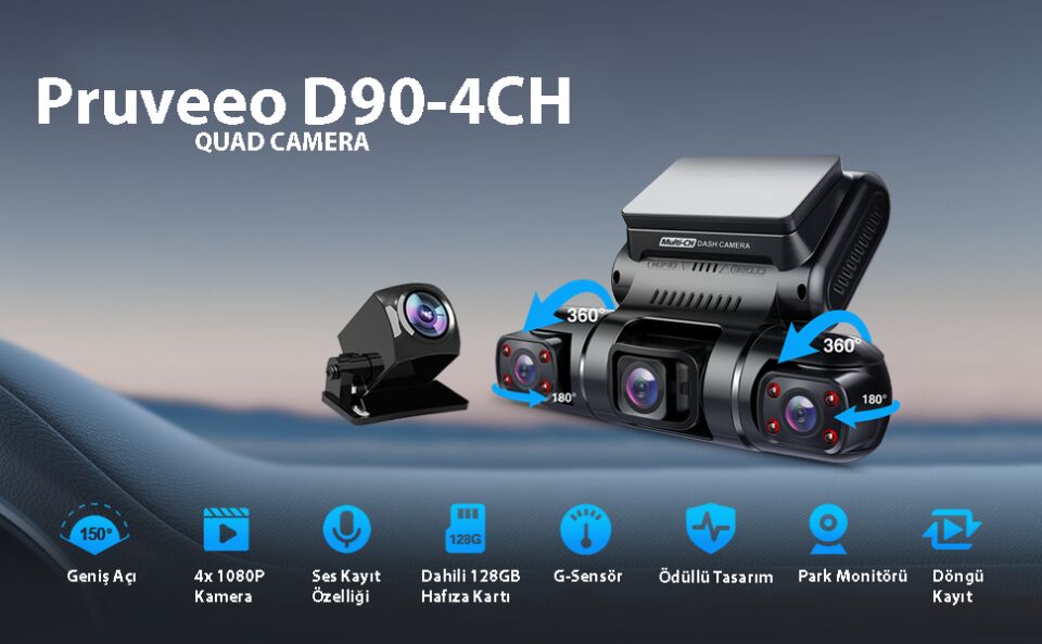 PRUVEEO D90-4CH FHD WI-FI GPS + 128GB SD KART KAME
