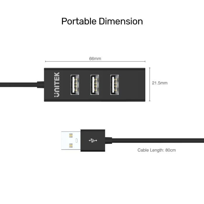 UNITEK TYPE-A TO 4 PORT USB HUB 80CM KABLO(Y-2140)