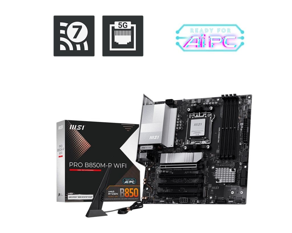 MSI PRO B850M-P WIFI DDR5 AM5 8200MHZ(OC) HDMI DP 3X M.2 USB 10GBS 5G LAN WI-FI 7 MATX
