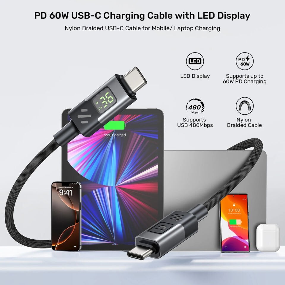 UNITEK USB2.0 1MT 60W LED ŞARJ KABLOSU (C14158ABK01-1M)
