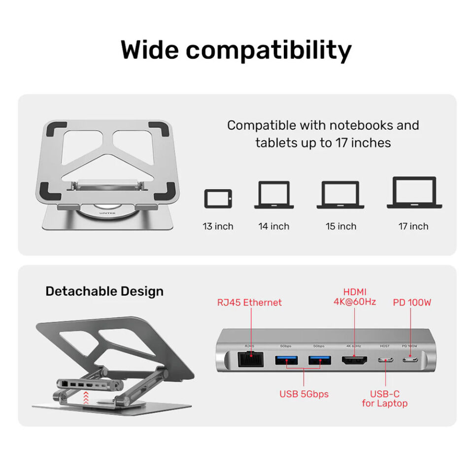 UNITEK USB-C NOTEBOOK STANDI VE DOCKING STATION (D1109A)
